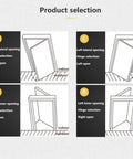 Diagram showing door hinge options with 180 Degree Swing Concealed Hinges for Wood Doors and Folding Doors, Heavy-Duty 60Kg Capacity.
