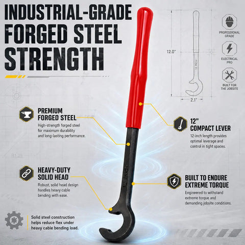 12 Inch Heavy Duty Cable Bender Tool For Easily Bending Max 350 Mcm Copper & Aluminum Wires In Electrical Panels with red grip.