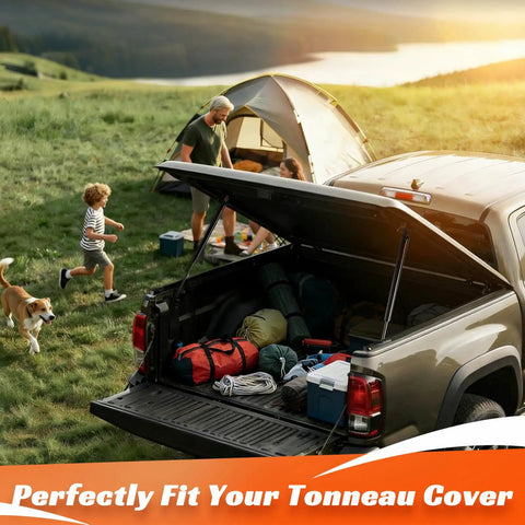 Heavy Duty 27 Inch Gas Struts 45 Lbs For Truck Tonneau Cover, 2 Pack Solid Lift Supports with camping gear in truck bed.