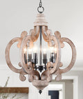 Farmhouse Wood Pendant Light With Six Candle Holders Weathered White Chandelier in rustic dining room setting