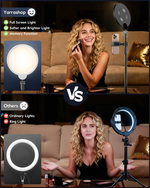 Woman using Ring Light With Desk Stand For Video Creation And Makeup, Dimmable LED With 30 Light Modes for clear application