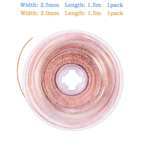 Top view of a spool of 2.5mm wide copper desoldering braid, labeled details of Two Pack No-Clean Solder Braided Wicks Desoldering Wicks.