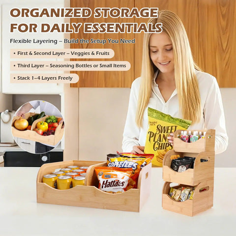 Three Tier Bamboo Pantry Organizer With Ventilated Design And Handy Handles on countertop holding snacks and spices
