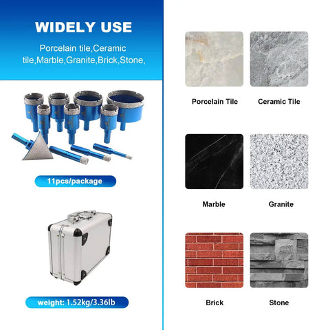 Diamond Core Drill Bit Set For Porcelain Tile Ceramic Marble Granite With Triangle Shank Hole Saw Kit, 11 Pieces and case