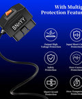 OBD2 to USB C Dash Cam Power Adapter With Hardwire Kit and Parking Mode, Low Voltage Protection 11.6 to 23.4V, showing protection icons.