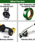 3/4 Inch X 2400 Ft Polyester PET Strapping Kit with 2500 Lb Break Strength, Battery Powered Sealer, Tensioner, Cart