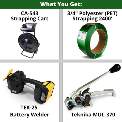 3/4 Inch X 2400 Ft Polyester PET Strapping Kit with 2500 Lb Break Strength, Battery Powered Sealer, Tensioner, Cart