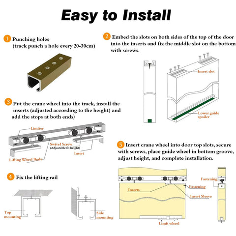 Beefy Aluminum Sliding Door Track Kit installation guide showing steps for closet and gate doors, brown finish, durable design.