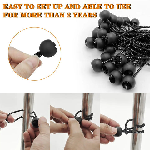 50 Pack 6 Inch Bungee Cords With Balls For Camping Tents Tarps Canopies And Outdoor Gear Elastic String Ties UV Resistant Tarp Tie Down Kit For Secure Setup, shown in use.