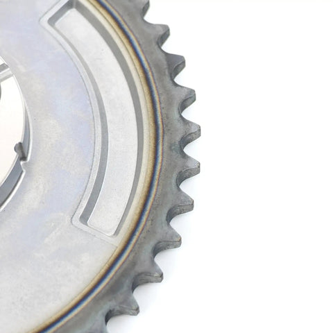 Close-up of Four Pole 58X Cam Gear Sprocket for LS Engines, metal gear teeth detail, 3 bolt setup, fits GM Part 12586481.