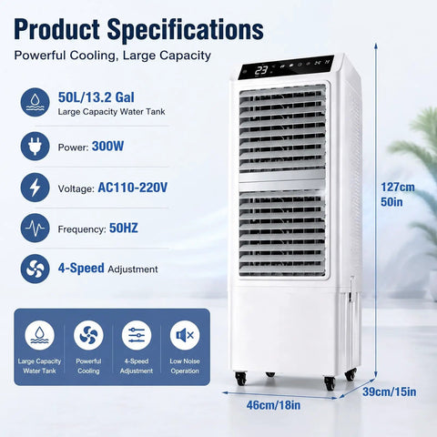 Beast Mode 4500 CFM Evaporative Air Cooler Slices Through Summer Heat With 13.2 Gallon Tank, 90 Degree Pivot, 8 Hour Timer And Wireless Remote, 50 in tall.