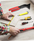 Person measuring wood with tools including a 45 Degree Sheet Metal Bender Hand Seamer With Non Slip Grip Heavy Duty High Carbon Steel Pliers