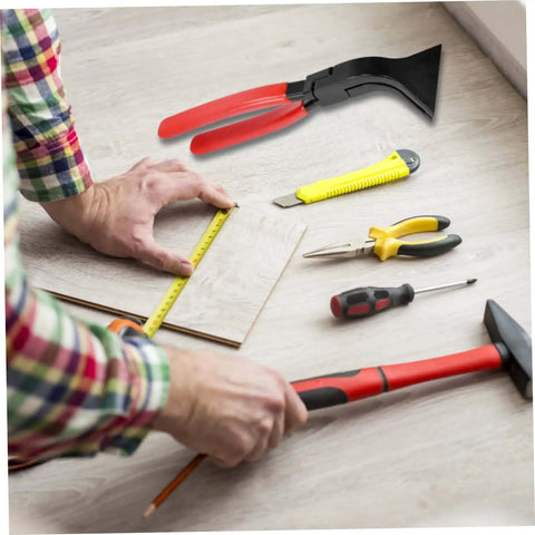 Person measuring wood with tools including a 45 Degree Sheet Metal Bender Hand Seamer With Non Slip Grip Heavy Duty High Carbon Steel Pliers
