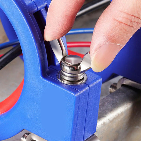 Cable Tray Roller With Screw Mount Wire Guide For Adjustable Cable Laying And Pulling And Red Axis Protects Wires Rugged Heavy Duty Nylon And Stainless Steel Construction For Indoor Outdoor Use close-up with hand adjusting screw mount
