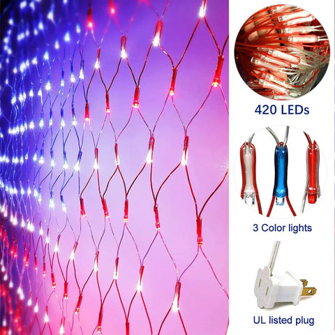 Patriotic American Flag LED Net Lights for Outdoor Decor, 420 LED waterproof string lights detail, red white blue net lights