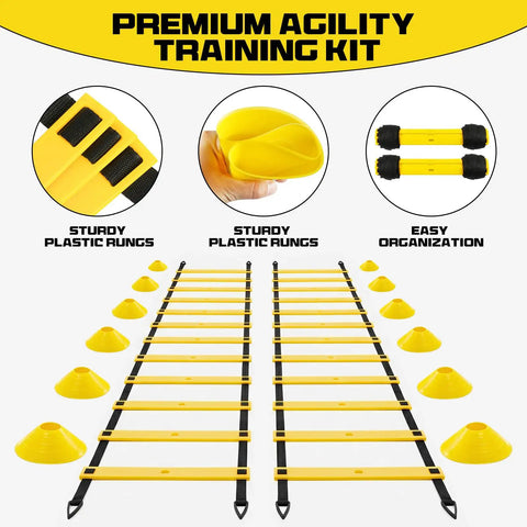 Two Pack 20ft Agility Ladder Set For Parallel Footwork Drills, 40ft Total Speed Ladders With 12 Cones, 8 Stakes, Carry Bag