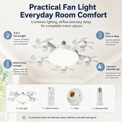 E26 Socket Fan With Light And Remote, overhead view of fan light, integrated light and remote, easy ceiling fan setup.