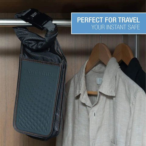 Safebox Portable Safe With 3 Digit Resettable Combination Lock, Slash Resistant Material, hanging in a closet with clothes