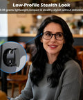 Woman wearing Meta Smart Glasses with 2 Pack LED Light Blocking Covers, showing low-profile design in casual setting.