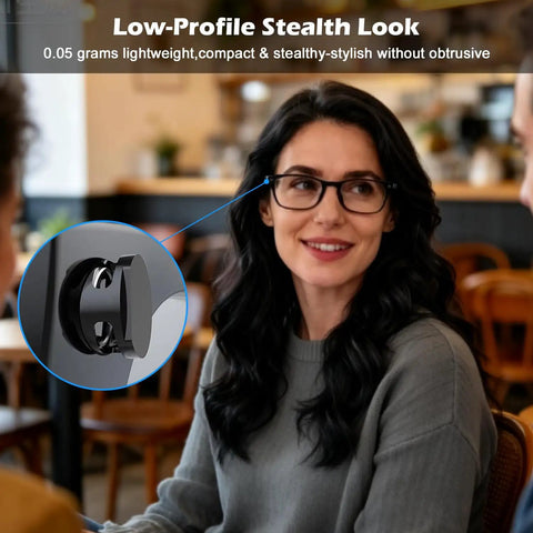 Woman wearing Meta Smart Glasses with 2 Pack LED Light Blocking Covers, showing low-profile design in casual setting.