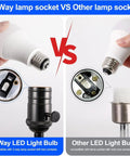 Comparison between 3 Way A21 LED Light Bulbs socket and standard socket, showcasing compatibility and installation benefits.