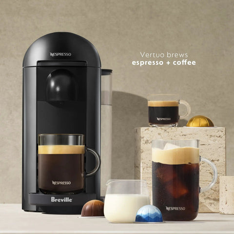 Vertuo Plus Single Serve Coffee And Espresso Maker With Aeroccino Milk Frother Ink Black next to brewed coffee and espresso