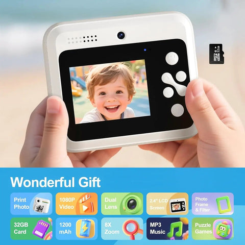 Dope Kids Instant Print Camera With 32GB Card Includes 4 Photo Paper Rolls Safe thermal print camera shown with LCD screen and microSD card