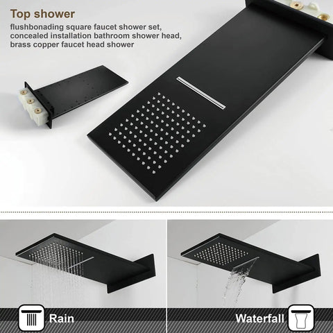 Solid Black Shower System, Thermostatic Wall Mount Rainfall Head With Handheld Combo, flush-mounted black brass shower panel.