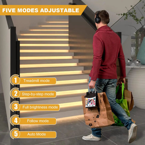 Five modes adjustable for 32 Channel Motion Sensor LED Stair Controller, lighting up stairs as a man walks with bags.
