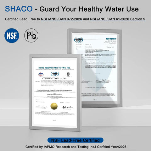 NSF lead-free certification for Heavy Duty Kitchen Faucet With Slick Pull Down Sprayer, showing test report and listing.