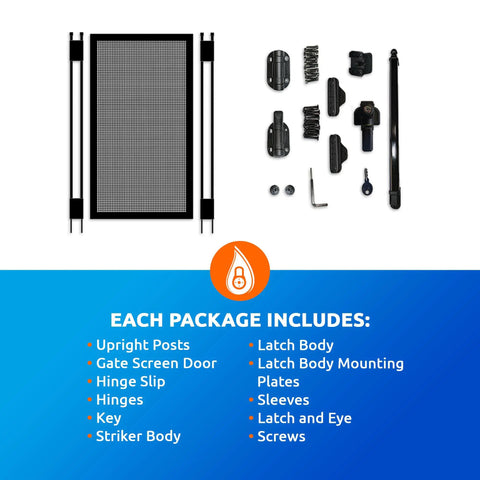 Super Simple Diy Self Closing Gate Kit For Pool Safety Fencing Black Powder Coated Aluminum Frame Heavy Duty Double Truss Support Built Tough Child Proof Walk Thru Pack One components including gate door and mounting hardware.