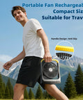 Man holding a 20800mAh Battery Powered 8 Inch Portable Fan With USB C Fast Recharge 80 Hours Run Time Outdoor Personal Desk Fan