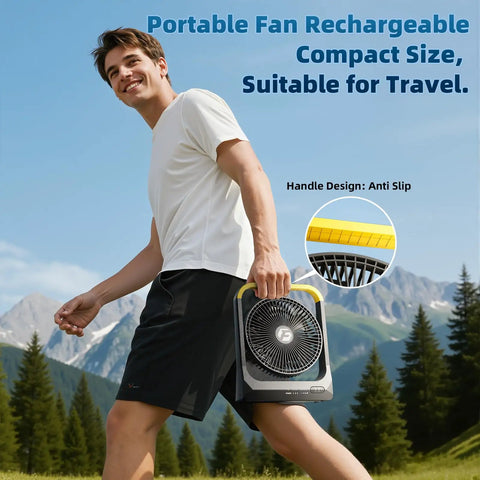 Man holding a 20800mAh Battery Powered 8 Inch Portable Fan With USB C Fast Recharge 80 Hours Run Time Outdoor Personal Desk Fan
