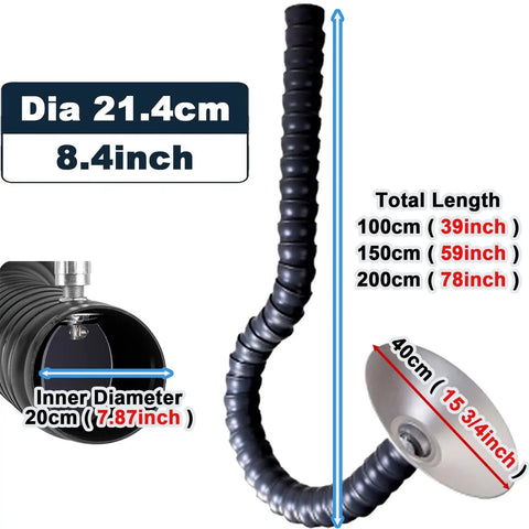 Flexible Fume Extractor Duct With 360 Degree Swivel Arm And Hood, 200 MM Diameter, One Meter Long, Heavy Duty Smoke Exhaust Hose for welding dust capture.