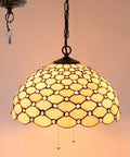 Tiffany Pendant Light Fixture Cream Amber Bead Stained Glass 16 Inch Wide Hanging Lamp With Antique Bronze Finish close-up view