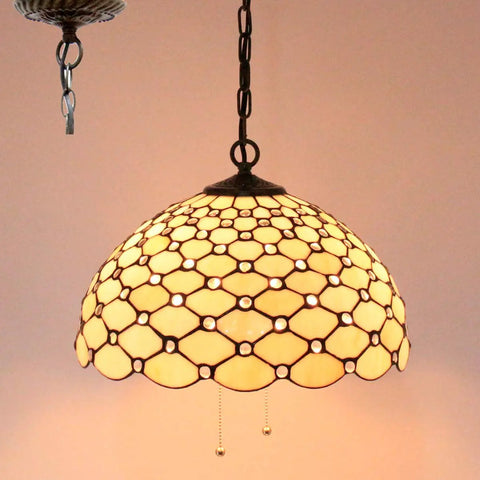 Tiffany Pendant Light Fixture Cream Amber Bead Stained Glass 16 Inch Wide Hanging Lamp With Antique Bronze Finish close-up view
