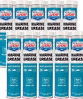 10-pack of 14 Oz Marine Grease for trailers, chassis, and boats, labeled as Lucas Oil Marine Grease, NLGI #2 multi-purpose.