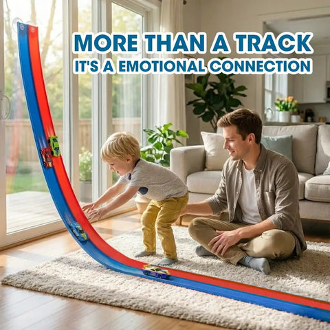 Father and child playing with Flexible Fifteen-Foot Fun-Filled Kids Race Track With Two Toy Cars Safe US-Certified PVC indoors