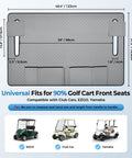Ride Ready Golf Cart Seat Cover Towel Blanket With Armrest Strap And Pockets Universal Front Seats Fit For Club Car EZGO Yamaha And More All Season Protection Gray, dimensions displayed with EZGO, Club Car, Yamaha compatibility.