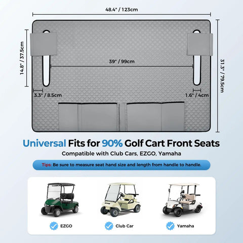 Ride Ready Golf Cart Seat Cover Towel Blanket With Armrest Strap And Pockets Universal Front Seats Fit For Club Car EZGO Yamaha And More All Season Protection Gray, dimensions displayed with EZGO, Club Car, Yamaha compatibility.
