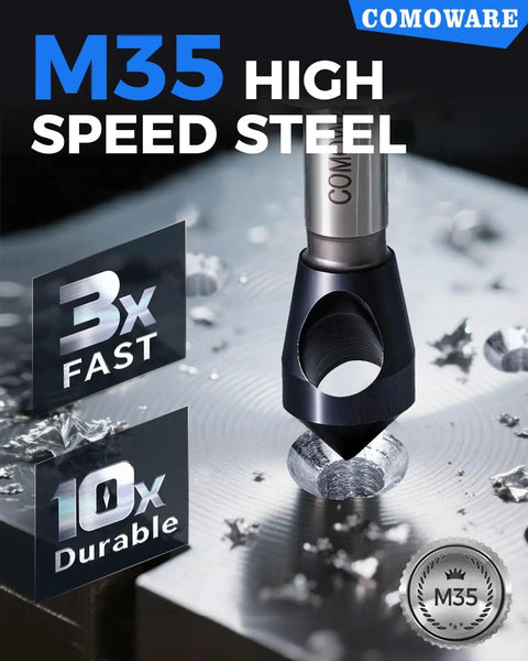 Top Notch M35 High Speed Steel Countersink Bits 1/2 Inch Shank 90 Degree Chamfer Drill Set With TiAIN Coating on metal surface.
