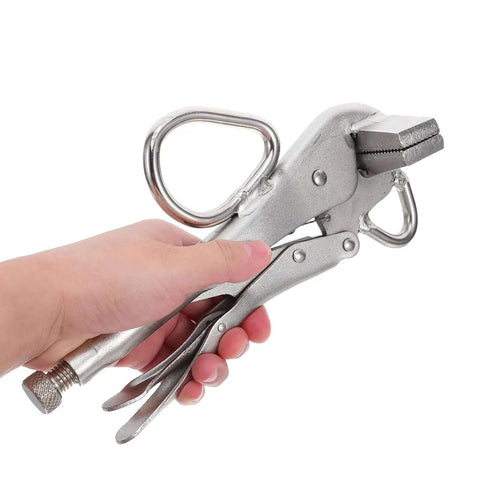 Hand holding Adjustable Auto Body Frame Pulling Clamp With Extra Wide Duckbill Jaw High Strength Steel Locking Sheet Metal Grip Tool