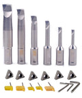 Heavy Duty R8 Boring Head Set With Three Inch Head And Three Quarter Inch Shank Six Piece Boring Bar Set Includes Inserts TBGT 06 TPGT 09 TPCT1103 For Precision Milling And Lathe Work Min Bore Three Eighth Inch Max Bore Six Inch showing boring bars with inserts and hex keys.