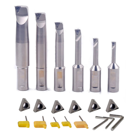 Heavy Duty R8 Boring Head Set With Three Inch Head And Three Quarter Inch Shank Six Piece Boring Bar Set Includes Inserts TBGT 06 TPGT 09 TPCT1103 For Precision Milling And Lathe Work Min Bore Three Eighth Inch Max Bore Six Inch showing boring bars with inserts and hex keys.