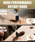 Heavy Duty Carbide Rotary Burr Set Featuring Kickass Coarse Teeth For Rapid Material Removal And Effortless Wood Carving On Foam Plastic Rubber And Dremel Compatible Rotary Hand Tools in action on wood outlines.