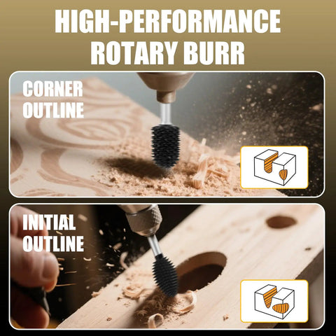 Heavy Duty Carbide Rotary Burr Set Featuring Kickass Coarse Teeth For Rapid Material Removal And Effortless Wood Carving On Foam Plastic Rubber And Dremel Compatible Rotary Hand Tools in action on wood outlines.