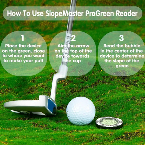 Golf putter on green beside ball and ProGreen Reading Tool For Golfers Green Reading Aid With High Precision Bubble Level.