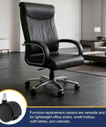 Four Pack Two Inch Swivel Caster Wheels Fitted With M6x15mm Threaded Stems Built Like A Tank So They Ride Smooth On Chairs And Wooden Furniture Heavy Duty Black Polypropylene Casters Handle Forty Four Pounds on a black office chair.