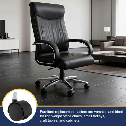 Four Pack Two Inch Swivel Caster Wheels Fitted With M6x15mm Threaded Stems Built Like A Tank So They Ride Smooth On Chairs And Wooden Furniture Heavy Duty Black Polypropylene Casters Handle Forty Four Pounds on a black office chair.