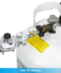 Stanbroil horizontal two-stage propane regulator with gauge mounted on a propane tank; 3/8 NPT and P.O.L connections